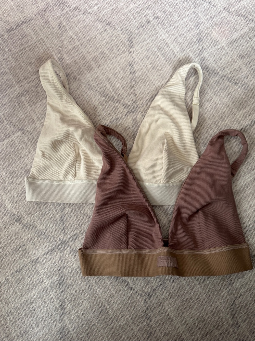 SKIMS medium ribbed Triangle Bralette Set in Cream and Brown plunge